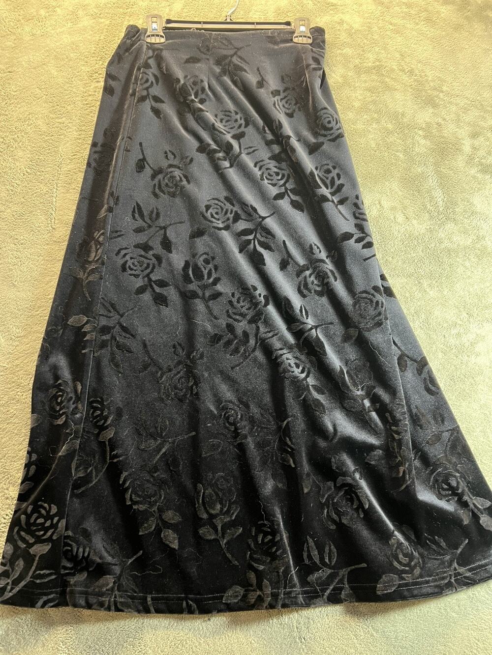Brenda’s Black Rose Burnout VELVET GOTH Maxi Skirt M Vintage Y2K Whimsigoth USA